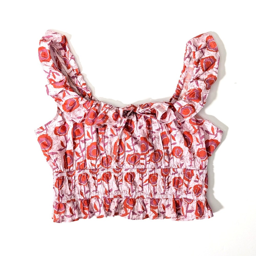 Saylor Pink Floral Crop Top 100% Cotton Ruffle Smocked Siana Set Top Sz S - Picture 2 of 11